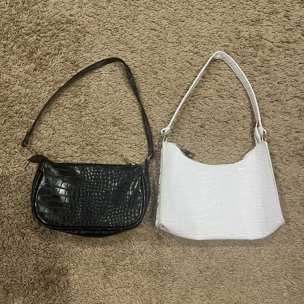 Elegant Black and White Croc-Embossed Shoulder Bags